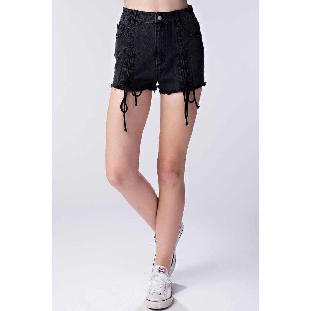 Honey Punch Lace Up Frayed Denim Shorts - Picture 1 of 5